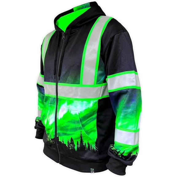 SafetyShirtz SS360 Northern Lights Hi Vis Zip-Up Hoodie for Men - Heavy-Duty Polyester with Soft Combed Fleece Interior - Enhanced Visibility and Reflective Hoodie, Black - Large