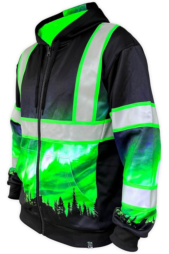 SS360 Northern Lights Hi Vis Zip-Up Hoodie for Men - Heavy-Duty Polyester with Soft Combed Fleece Interior - Enhanced Visibility and Reflective Hoodie, Black - X-Large