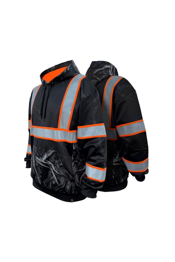SS360º Stealth Nightfall Camo Hi Vis Hoodie for Men - Heavy-Duty Polyester with Soft Combed Fleece Interior - Type-O - Meets ANSI/ISEA 107-2020, Black - Large