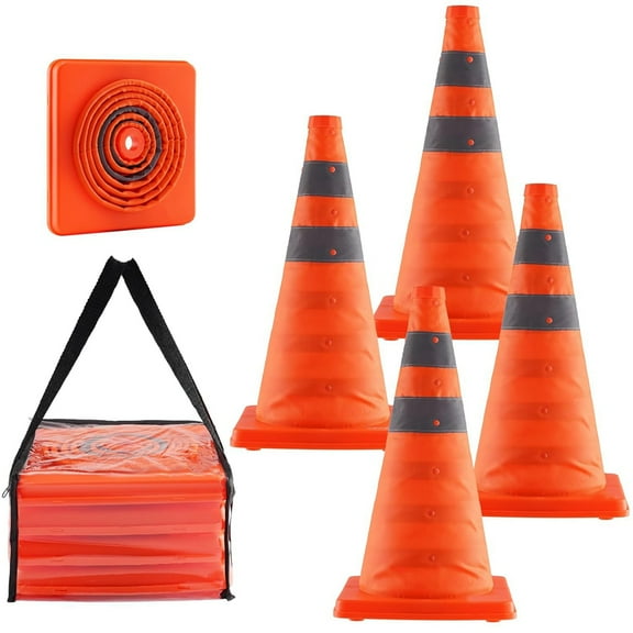 Safetys Cones, 4 Pack 18 Inch Fold Traffic Construction Cones with Reflective Collars, & Storage Bag
