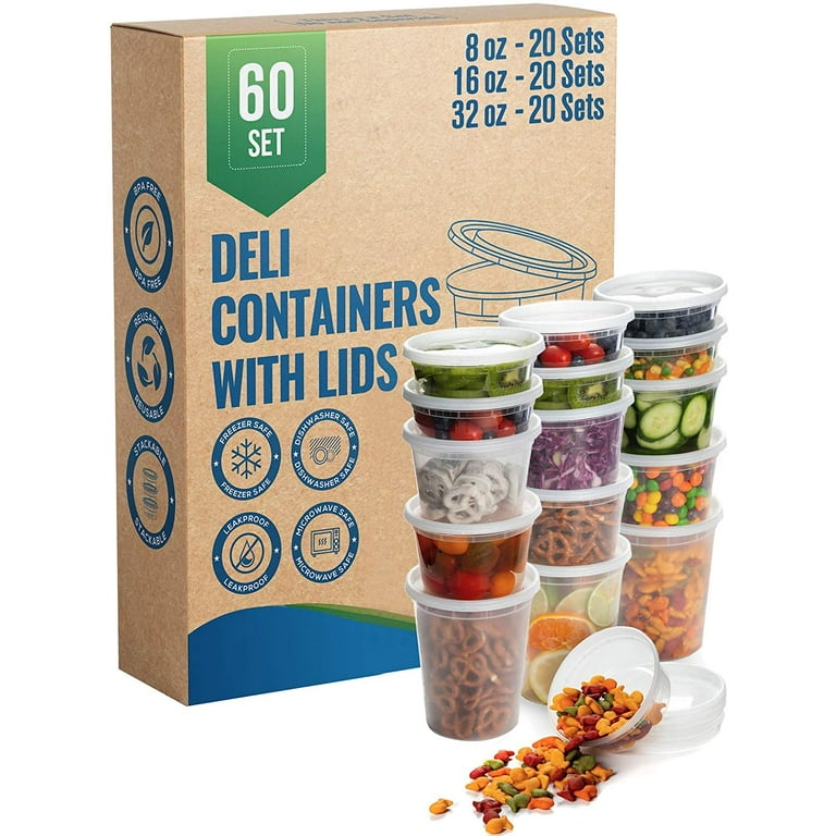 Safeware 8, 16, 32 Oz [60 Sets] Deli Plastic Food Containers with