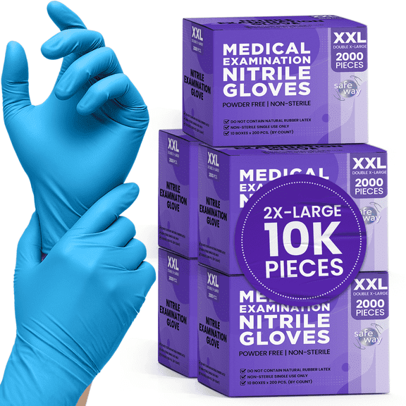 SAFEWAY USA Nitrile Medical Gloves Disposable, Non-Latex and Powder Free, Multi-purpose Textured Fingertips Gloves for Hospital and Lab Works, Esthetician, Nail Tech, and More — (10000 pcs, 2X-Large)