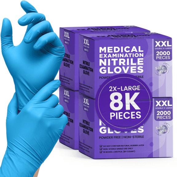 SAFEWAY USA Nitrile Medical Gloves Disposable, Non-Latex and Powder Free, Multi-purpose Textured Fingertips Gloves for Hospital and Lab Works, Esthetician, Nail Tech, and More — (8000 pcs, 2X-Large)