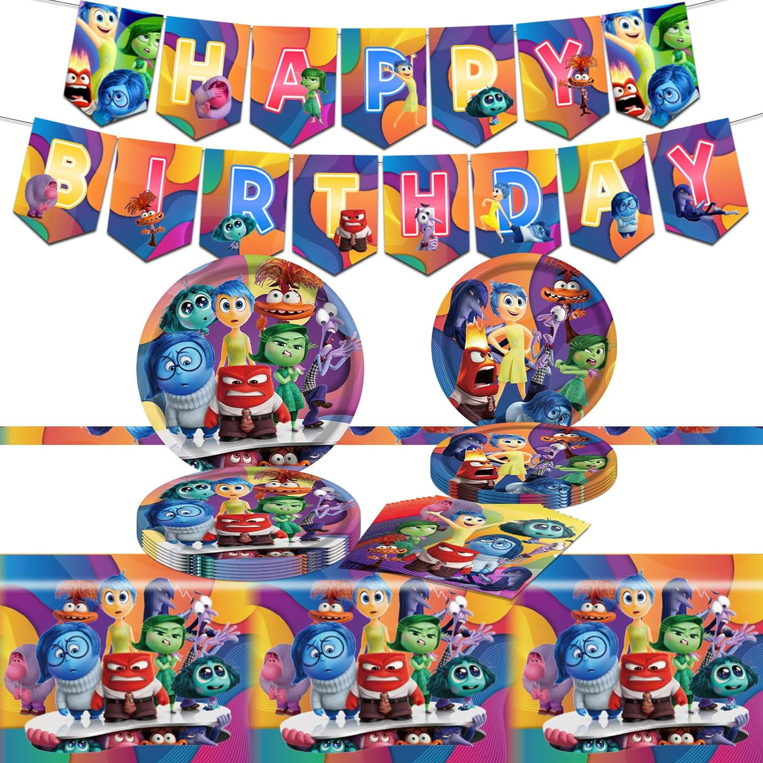 Safeydaddy Inside Party Supplies,Party Tablecloth Plates and Napkins Birthday Banner Table Cover, Inside Out Birthday Christmas Halloween Party Decorations for Kids and Adults