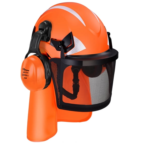 Safeyear Chainsaw Helmet with Face Shield and Ear Muffs, Forestry Safety Helmet ANSI Z89.1 Hard Hat, Arborist Helmet with Sun Neck Shield & Hi-Vis Strips for Logging, Tree Cutting & Landscaping