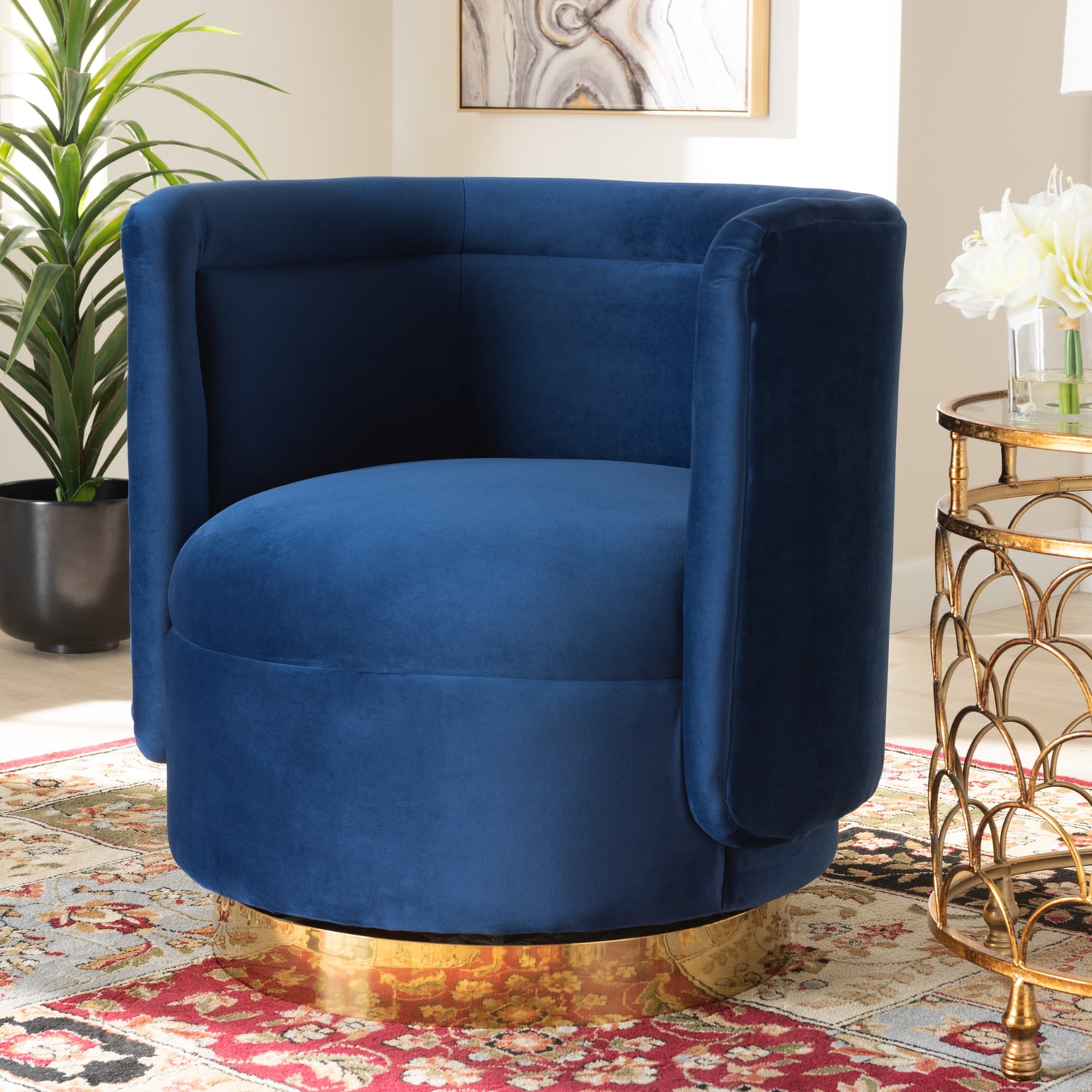 Royal Blue Velvet Barrel Swivel Accent Chair with Gold Base
