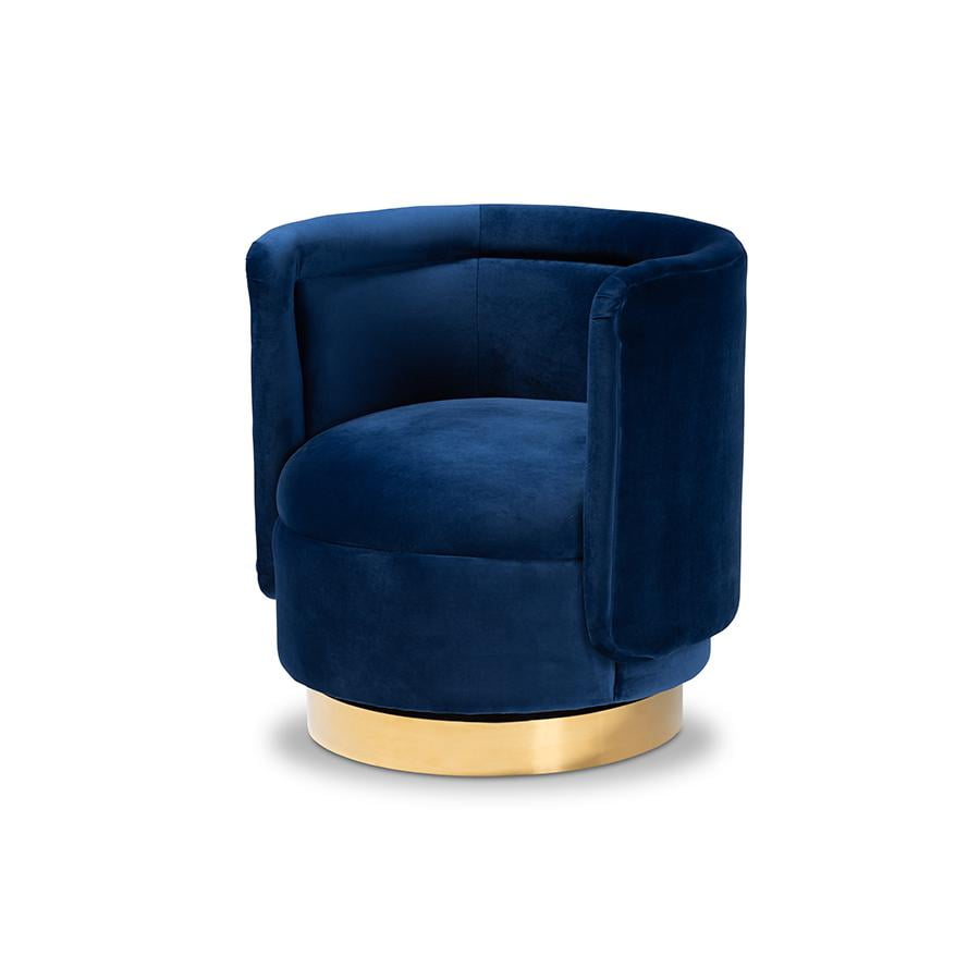 Royal Blue Velvet Barrel Swivel Accent Chair with Gold Base