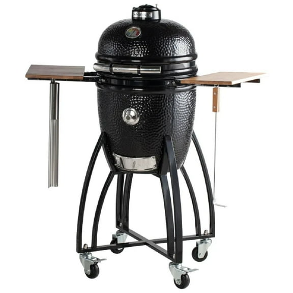 Saffire Kamado - Medium Ceramic Grill and Smoker with Sturdy Cart, Side Shelves, and Secondary Cooking Grid