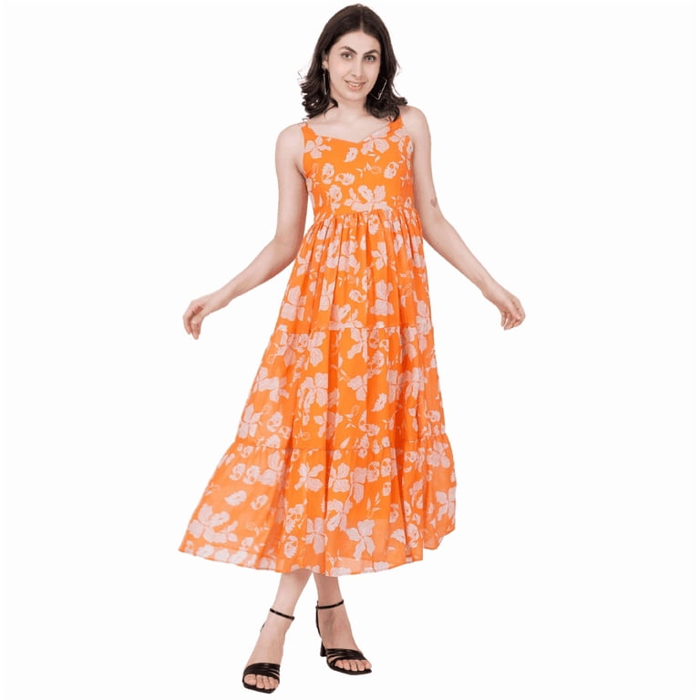 LYORAS Orange Floral Tiered Chiffon Maxi Dress, Women's, Size: XL