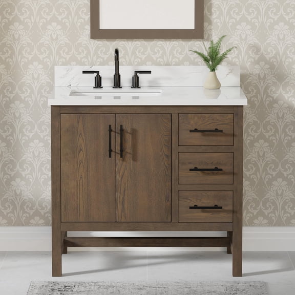 Safford 36" Single Bathroom Vanity with Carrara White Quartz Top, Sink & Backsplash. 37" W x 22" D x 34.5" H. Oak Veneer. Solid Wood. Pre-Assembleb. 1 Till-Out & 2 Soft-Closing Drawers.