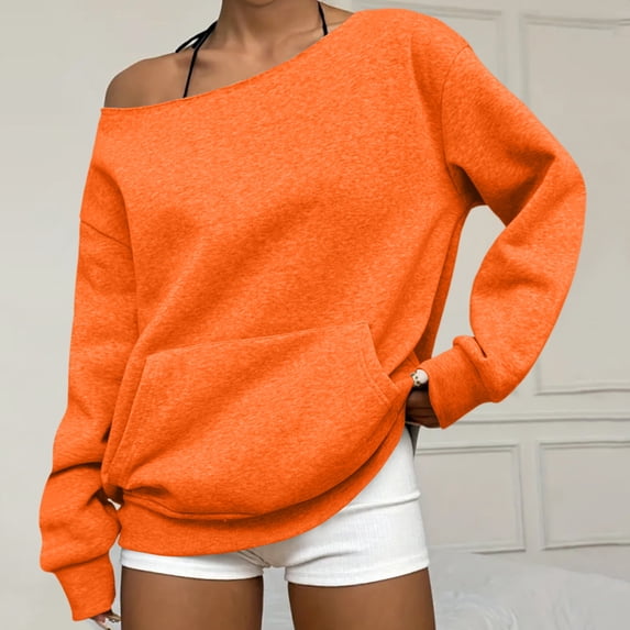 Oversized Sweatshirt for Women Trendy Off the Shoulder Sweatshirt with Pockets Loose Fit Fall Fashion Clothing Saffron 2XL