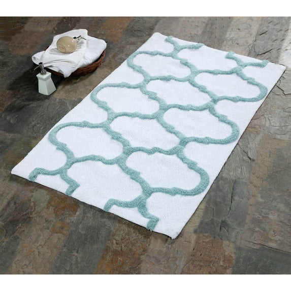 Saffron Fabs Bath Rug, Cotton, Non-Skid, Geometric, Machine Washable White/Blue 24 x 36