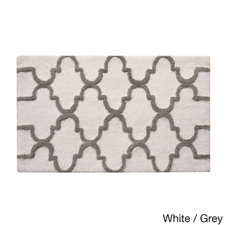 Saffron Fabs Bath Rug, Cotton, Non-Skid, Geometric, Machine Washable White/Grey 21 x 34