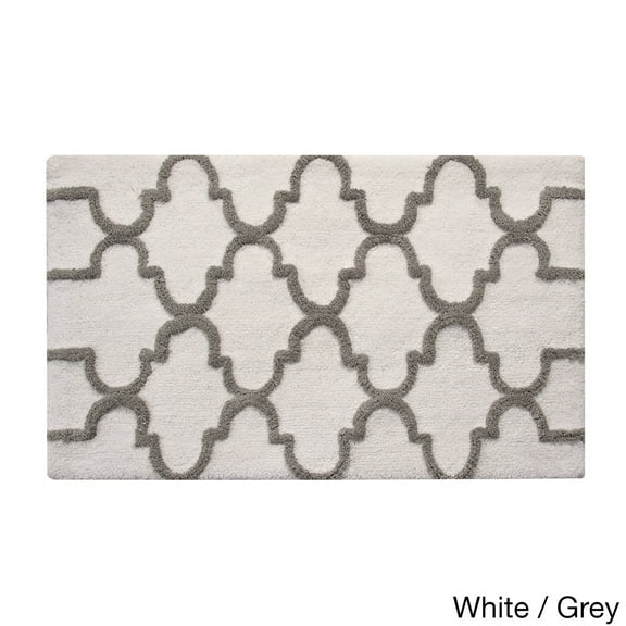 Saffron Fabs Bath Rug, Cotton, Non-Skid, Geometric, Machine Washable White/Grey 24 x 36