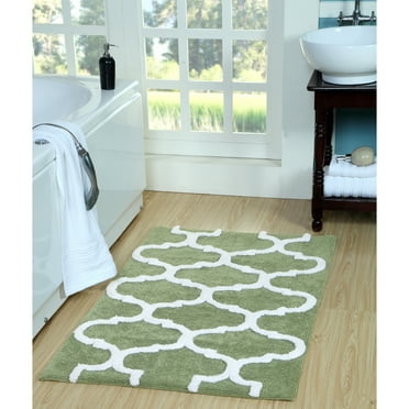 Saffron Fabs  Bath Rug, Cotton, Non-Skid, Geometric, Machine Washable sage green/white 30 x 50