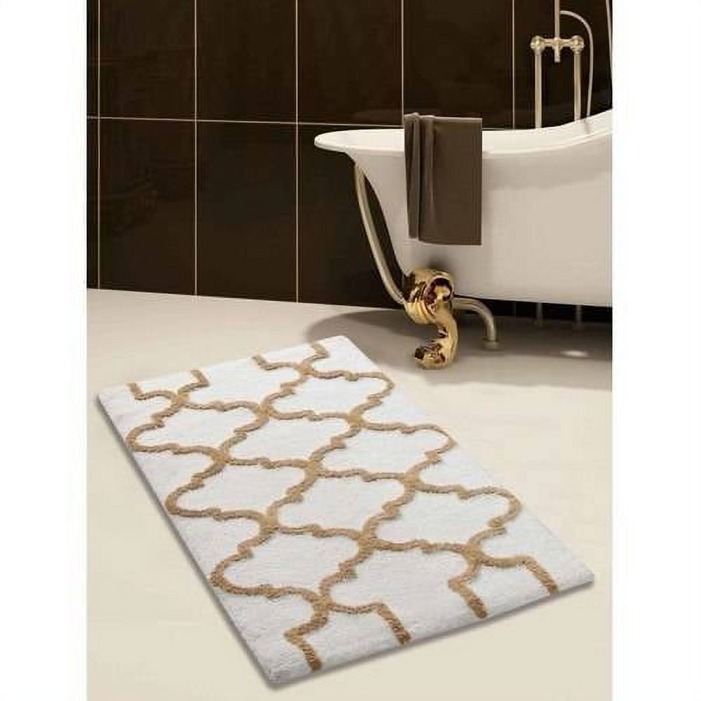Ivory and Beige Cotton Geometric Pattern Bath Rug