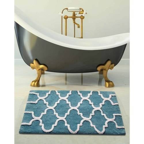 Saffron Fabs 34x21 Inches Arctic Blue/White Geometric Cotton Bath Rug