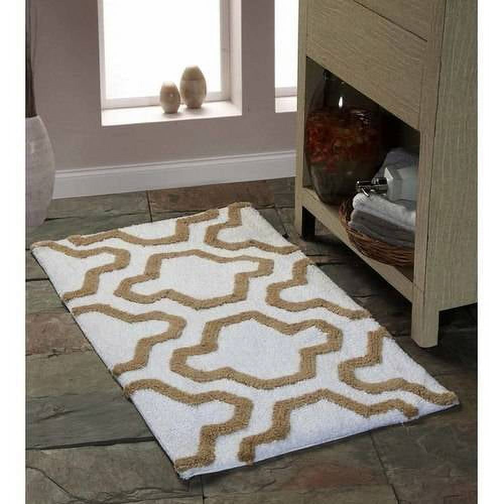 White and Beige Cotton Geometric Pattern Bath Rug, 50x30 Inch