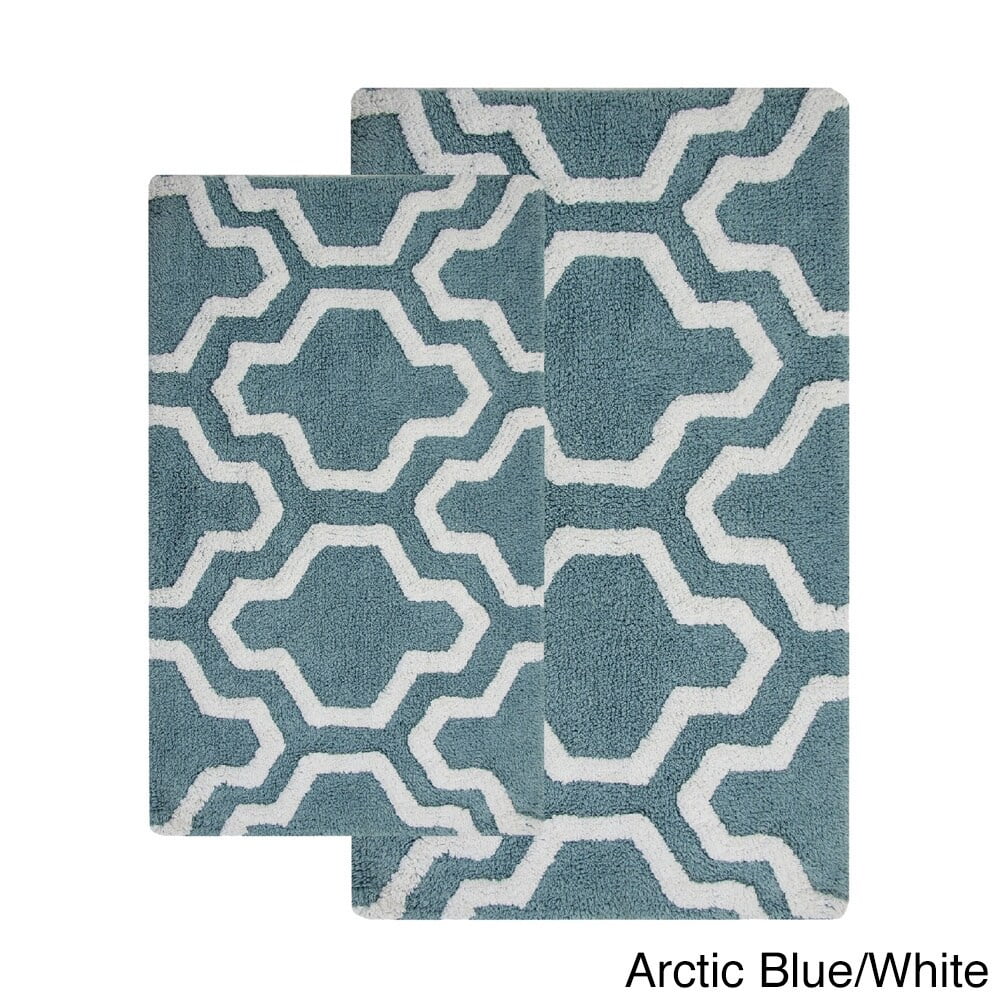 Saffron Fabs Cotton Quatrefoil Bath Rug (Set of 2) Blue/White 24 x 17