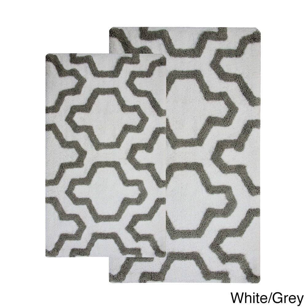 White and Gray Cotton Geometric Bath Rug Set