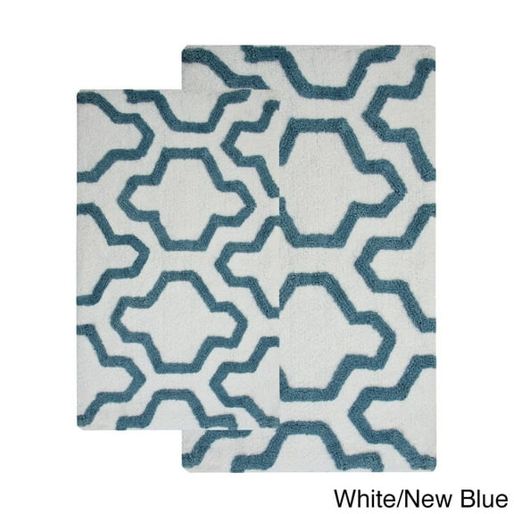 Saffron Fabs Cotton Quatrefoil Bath Rug (Set of 2) White/Navy Blue 24 x 17 & 34 x 21