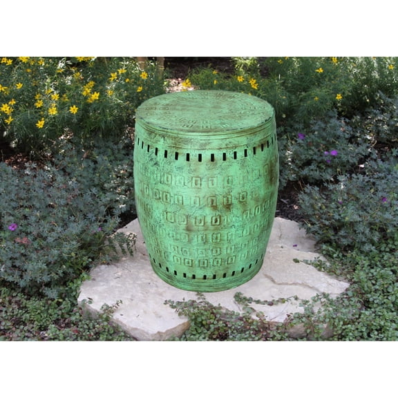 Saffron Fabs Multiple Purpose Hand Tooled 2-piece Metal Stool Set Solid Green Brushed Distressed Finish Casual,Oriental,Mission & Craftsman Drum