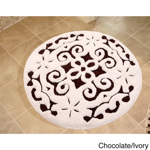 Luxurious Chocolate and Ivory Cotton 36" Round Bath Rug with Damask Pattern