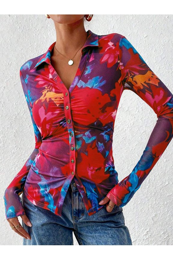 Saffron Flower Floral Button-Down Blouse Ruched V-Neck Long Sleeve Fitted Mesh Top