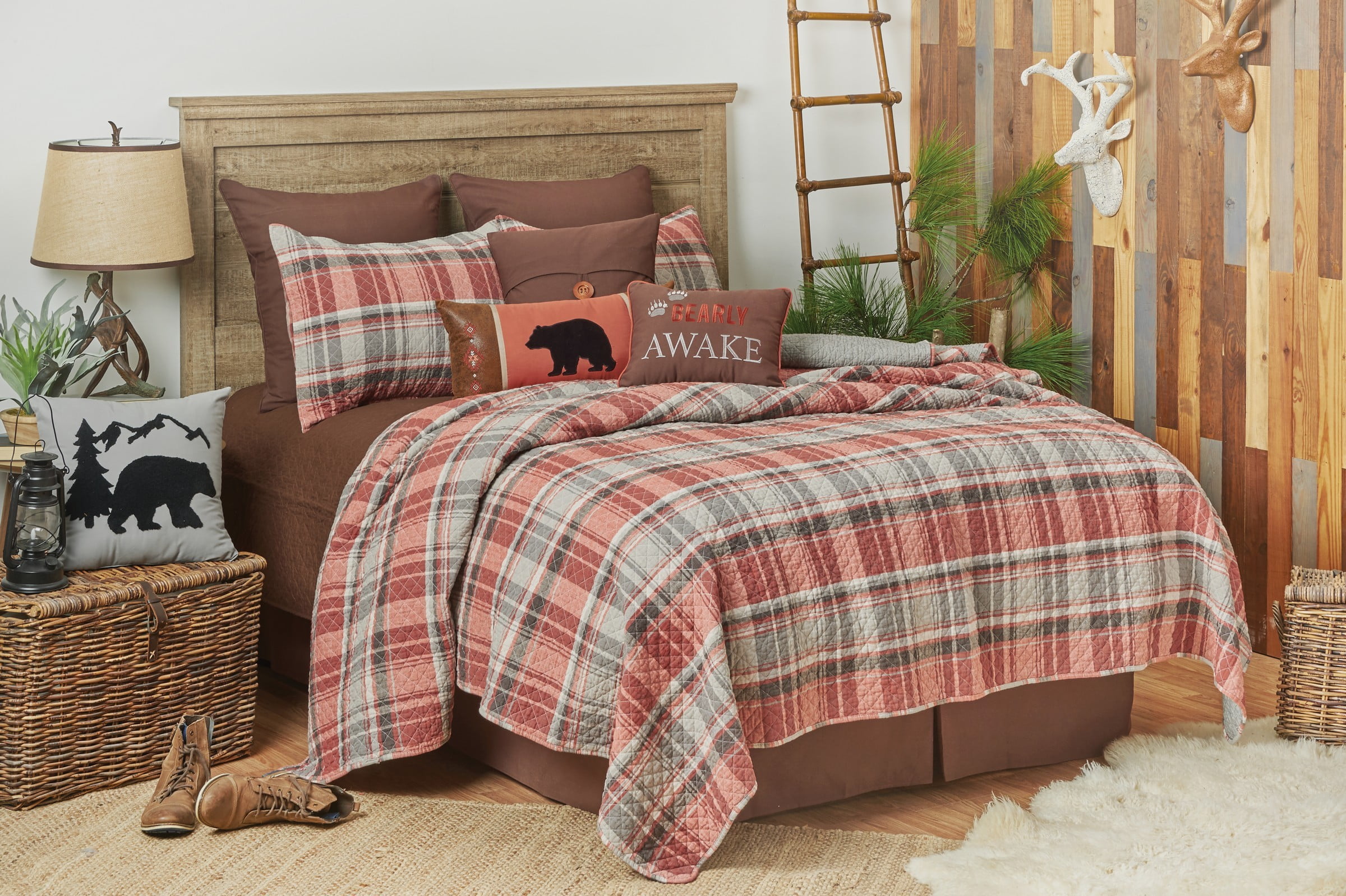 Gray and Saffron Plaid Cotton Full Quilt Set