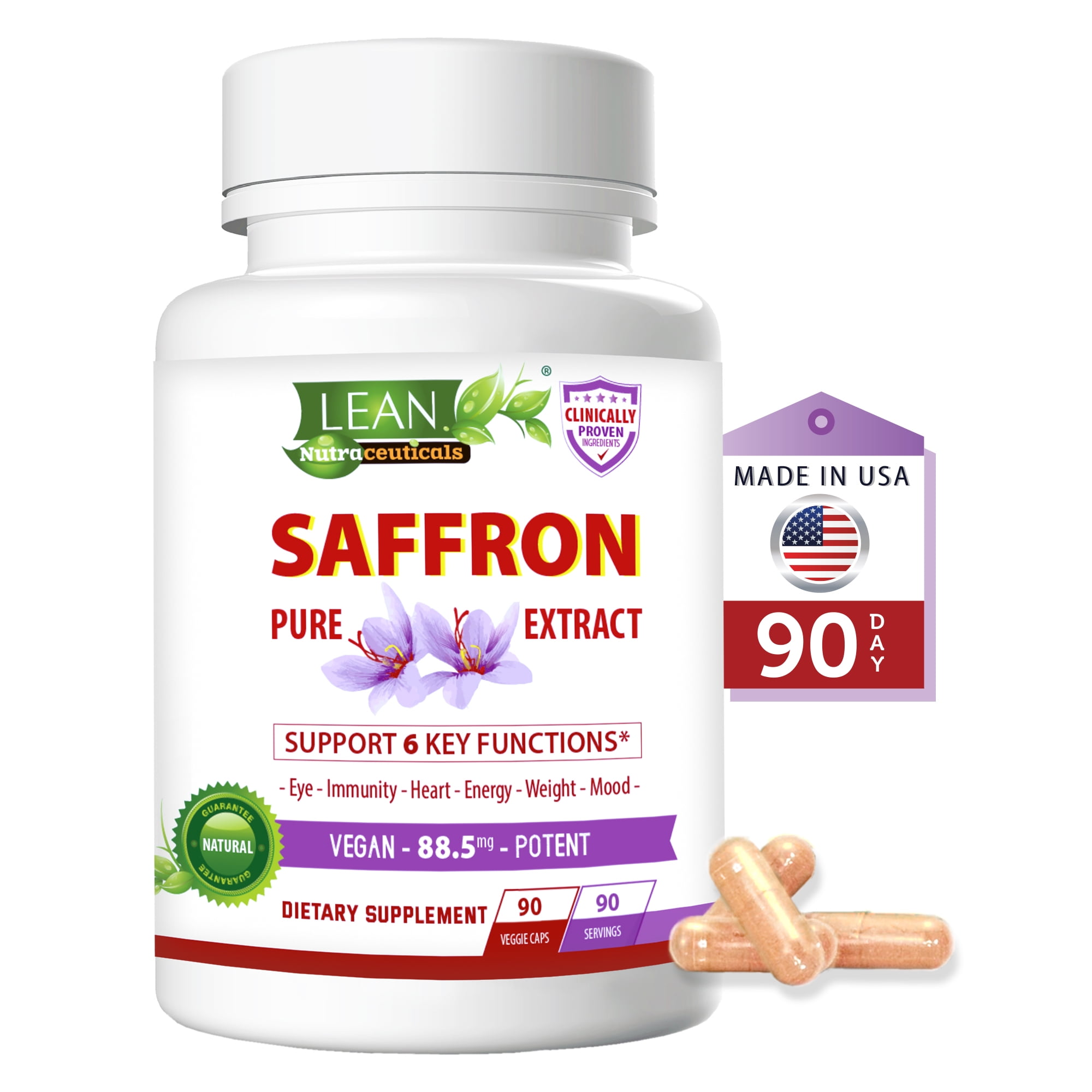 Saffron Pure Extract, Weight Loss Mood Energy Eye Heart Immune Support Supplement, Appetite and Craving Suppressant Natural Slim Metabolism Booster Diet Pills that Works for Men Women, 90 Capsules