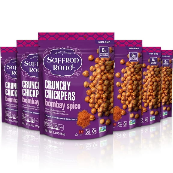 Saffron RoadOrganic Crunchy Chickpea Snacks-Gluten Free, Non-GMO, Kosher, Vegan (Bombay Spice, 5.4 oz (6 Pack))