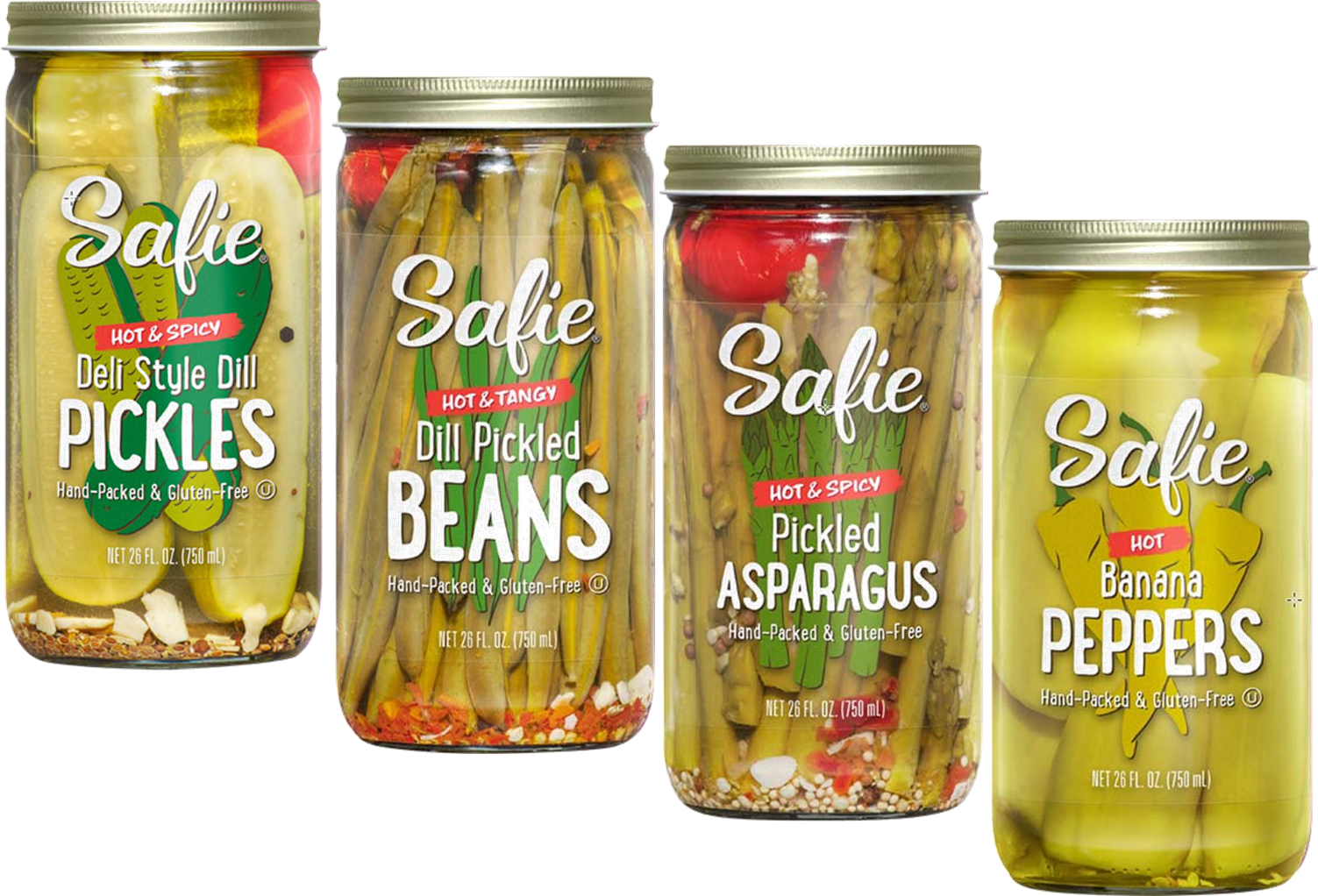 Safie Foods Hot & Spicy Asparagus, Hot Dill Beans, Hot Banana Peppers