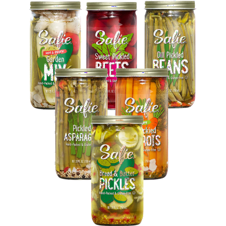 Safie Foods Pickled Asparagus, Dill Beans, Sweet Beets, Dill Carrots and Bread/Butter Pickles, Variety 6-Pack 26 oz. Jars