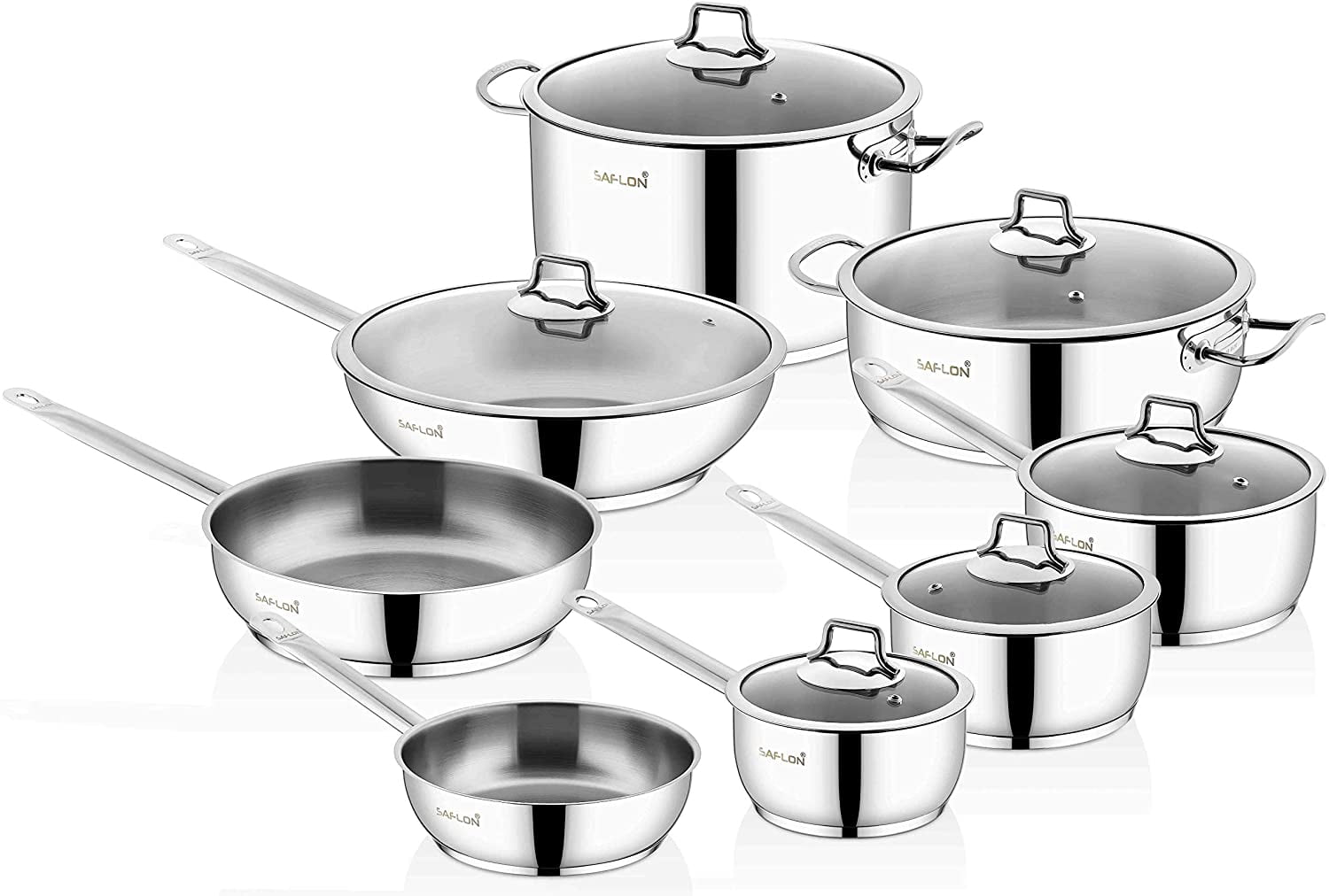 Saflon Stainless Steel Tri-Ply Capsulated Bottom 14 Piece Cookware Set, Induction Ready, Oven and Dishwasher Safe