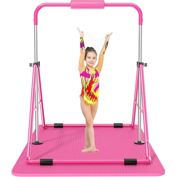 Safly Fun Gymnastics Bar with Mat for Kids, Height Adjustable Junior Training Bar Mat for Home, Folding Gymnastic Horizontal Bars Equipment (Pink+Mat)