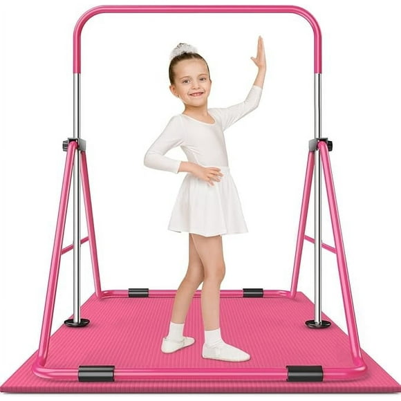Safly Fun Gymnastics Bar with Mat for Kids, Height Adjustable Junior Training Bar Mat for Home, Folding Gymnastic Horizontal Bars Equipment (Pink+Mat)
