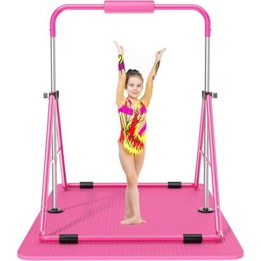 Safly Fun Gymnastics Bar with Mat for Kids, Height Adjustable Junior Training Bar Mat for Home, Folding Gymnastic Horizontal Bars Equipment (Pink+Mat)