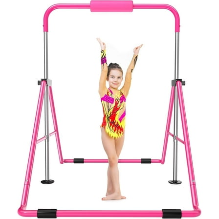 Safly Fun Expandable Gymnastics Bar for Kids, Height Adjustable Junior Training Bar for Home, Folding Gymnastic Horizontal Bars Equipment (Pink)