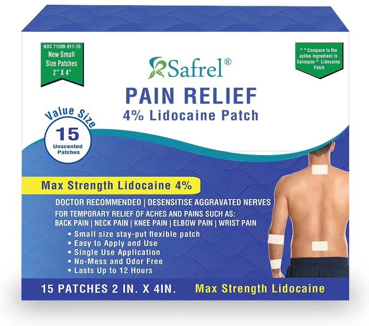 Safrel Maximum Strength Pain Relief 4 Lidocaine Patch, 15 Count, Dry