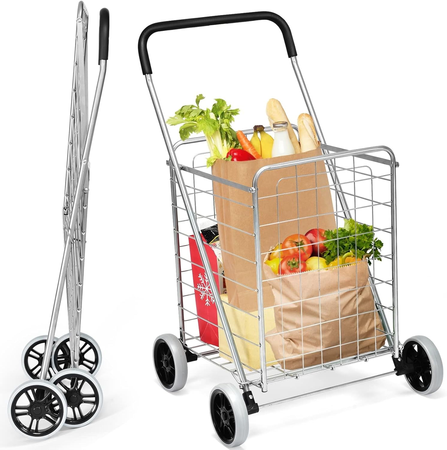 Safstar Folding Shopping Cart, Portable Utility Cart w/ All-Terrain ...