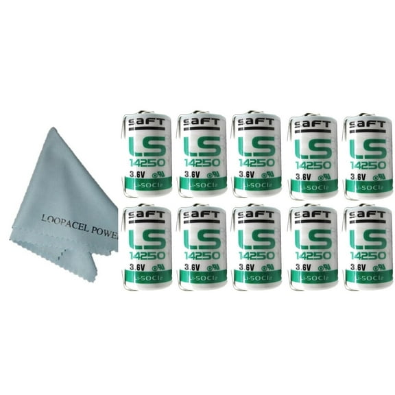 Saft 1/2 AA 3.6 V Lithium Battery with Tabs LS14250 Non Rechargeable Pack Of 10 with Loopacell Cloth