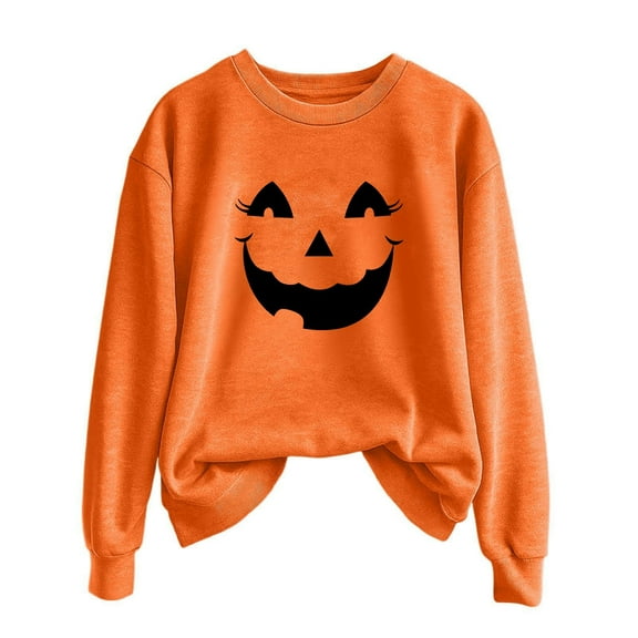 Safufu Halloween Printing Sweater Women Autumn And Winter Solid Color Crew Neck Long Sleeved Pullover Top for daily causal outfits