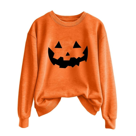 Safufu Halloween Printing Sweater Women Autumn And Winter Solid Color Crew Neck Long Sleeved Pullover Top for daily causal outfits