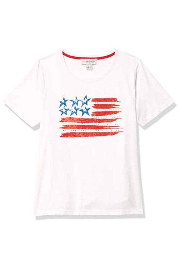 Sag Harbor Women's S/s Crewneck Americana Wavy Flag Tee, White, Large