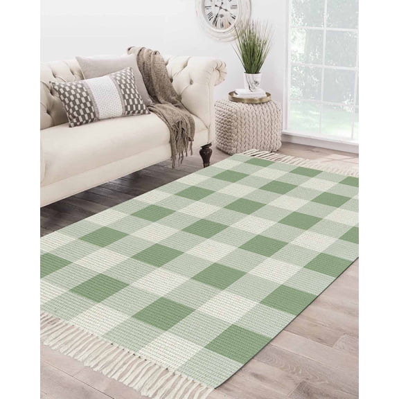 Saga Green Plaid,Farmhouse Country Buffalo Check Large Area Rug 4x6ft Woven Runner Rug,Washable Living Room Bedroom Kitchen Bathroom Classroom Carpet with Tassels,Indoor Outdoor Throw Door Mat