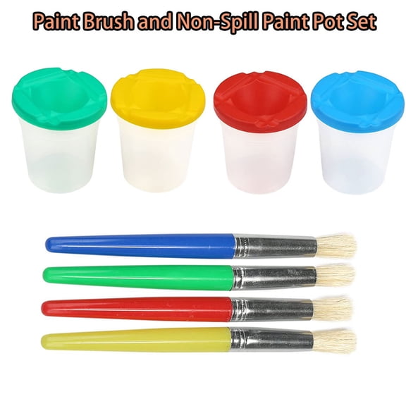 SagaSave 8Pcs Childrens Paint Brush and Non-Spill Paint Pot Set for Kids Art Classes Lessons