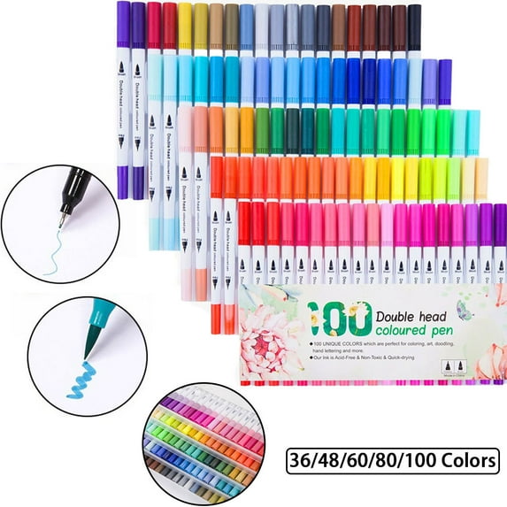 SagaSave Dual Tip Brush Pens Set Watercolour Pens 36-100 Colors for Writing DIY Coloring Drawing Adults