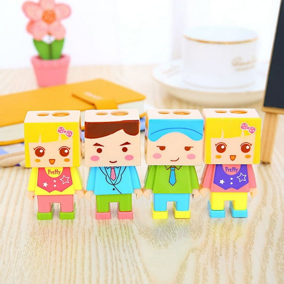 SagaSave Plastic Pencil Sharpener with Eraser Double Holes for 8mm and 12mm Pencils Cartoon Pattern Random Color