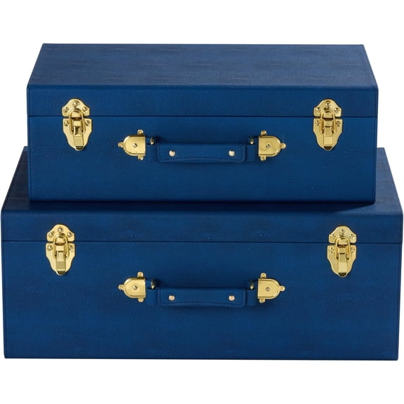 Sagala Set of 2 Large Decorative Trunks With Handle, Modern Organizer Storage Trunk Chests, Large Navy Blue Shagreen Leather Storage Boxes Home Decor (Blue)