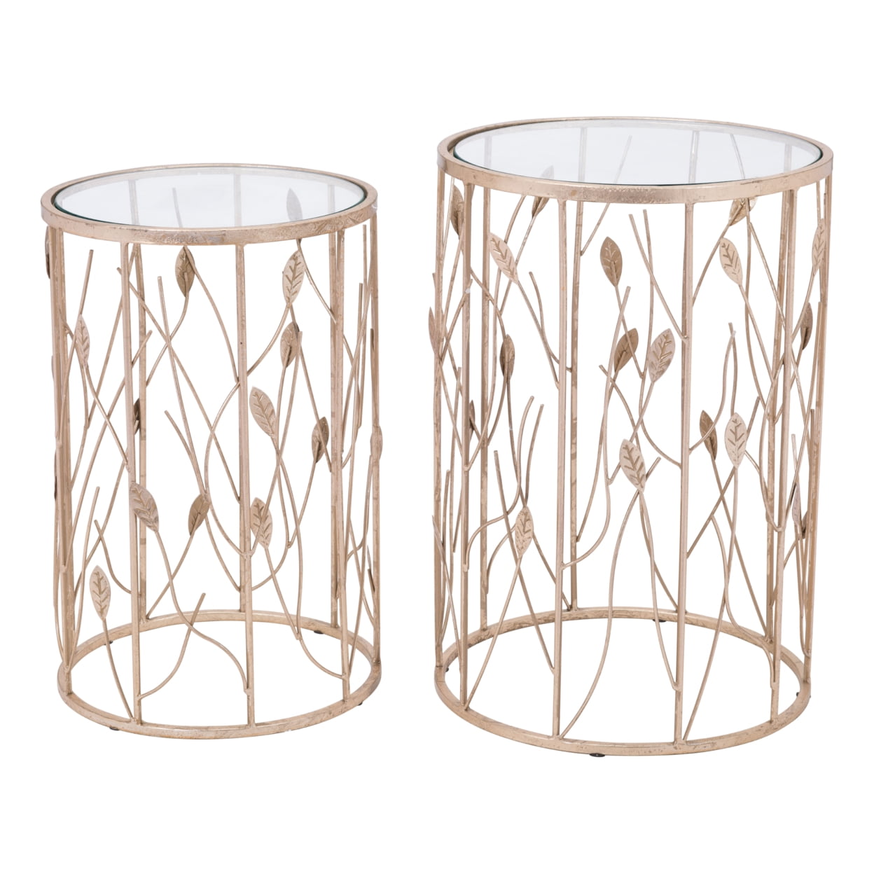 Gold and Glass Botanical Round Accent Tables Set of 2